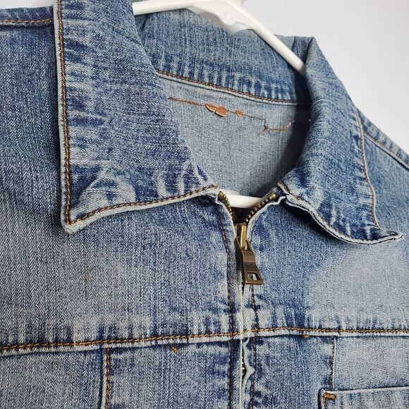Guess L Jean Jacket Vintage Stretch Denim Light Blue Acid Wash Zip Up - Picture 7 of 16